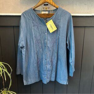 NEW Jenny Denim Blue Button-Front Top Beaded Embroidered Plus Size‎ 1X